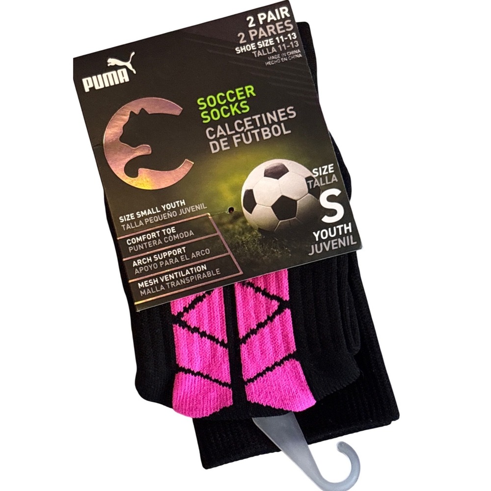 NEW Puma Youth Black Pink Soccer Socks 2 Pair Pack Size S
